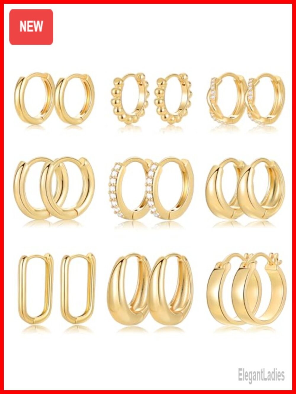 9 Pairs Chunky Hoop Earrings Set Hypoallergenic Brass Post Top Buckle